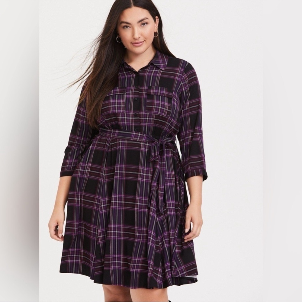 TORRID: Purple Plaid Mini Challis Button-Front Shirt Dress - Picture 2 of 10